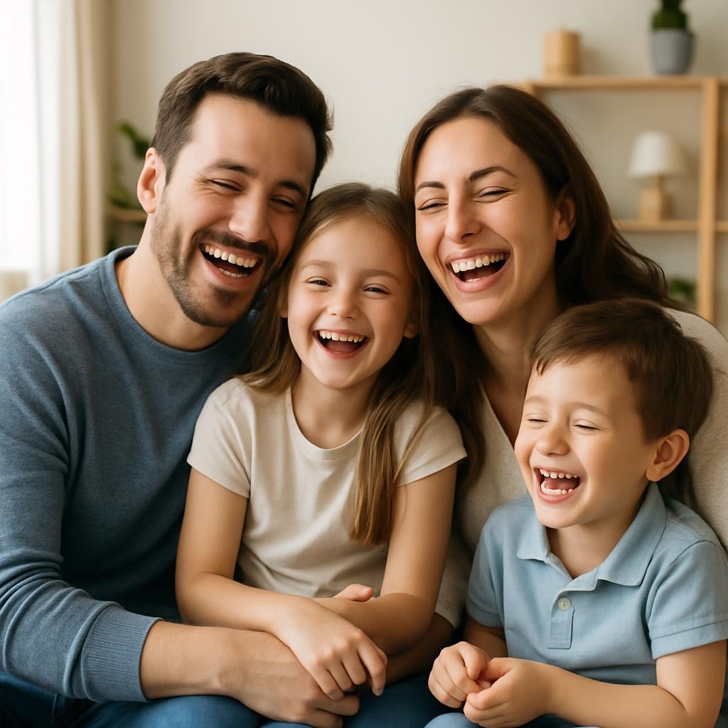 show a contented family with harmonious relationships between father, mother and children